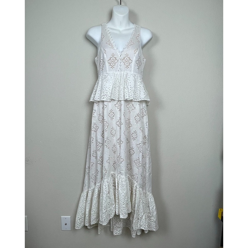 BCBG Max Azria XS Ivory Eyelet Peplum Maxi Dress Coquette Fairy Milkmaid‎